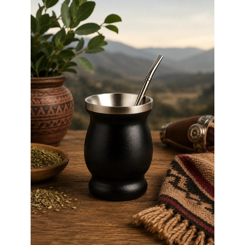 Calebasse à maté noire avec bombilla et goupillon